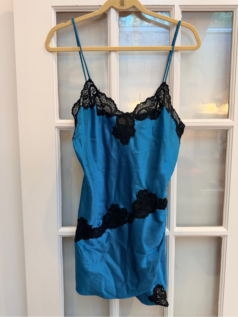Vintage Victoria’s Secret 90’s Satin Teal Chemise with Black Lace Trim Size M